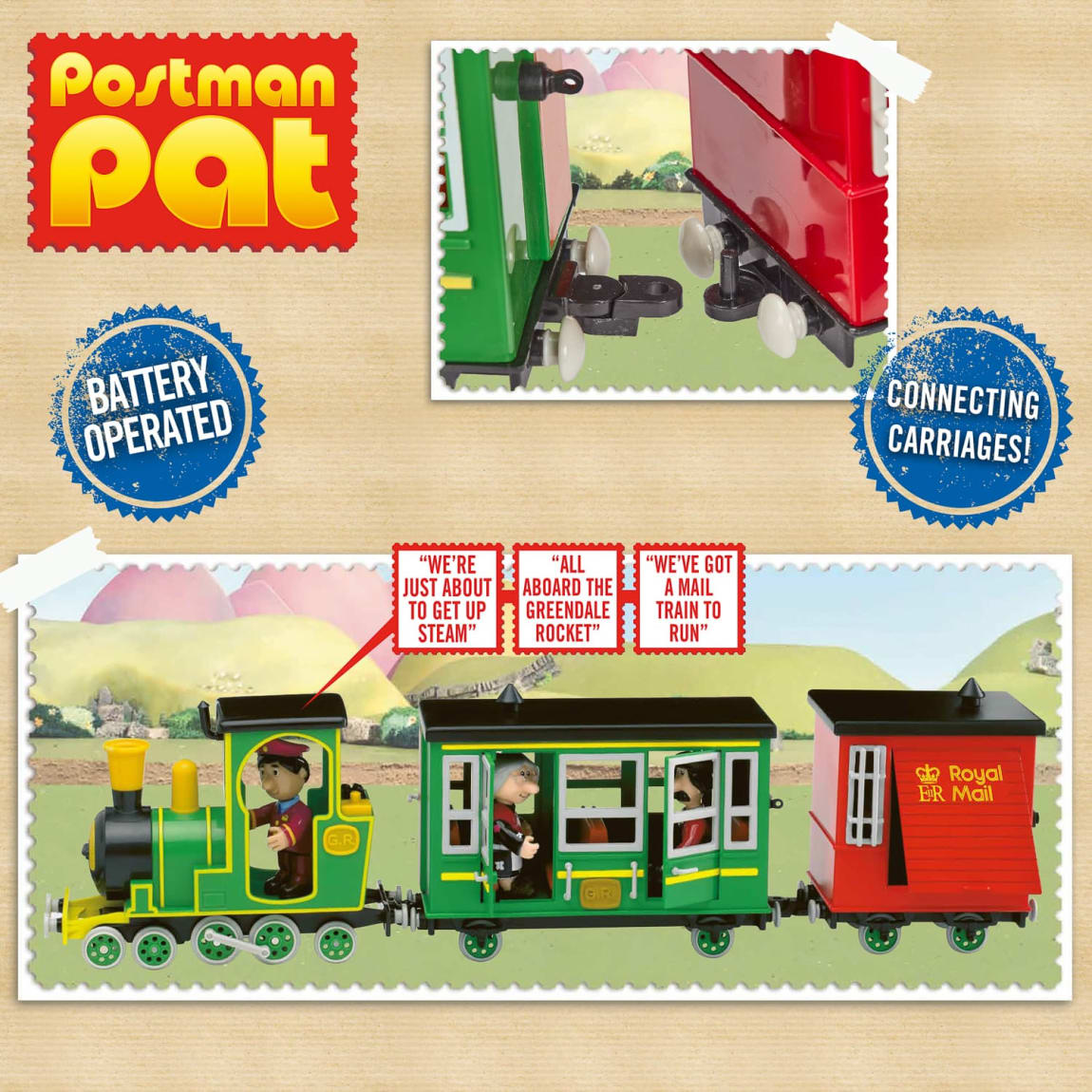 Postman Pat Greendale Rocket Motorised Toy Train - Battery Operated Playset with Sound Effects & Character Phrases - Interactive Kids Preschool Toy, Perfect Toddler Gift